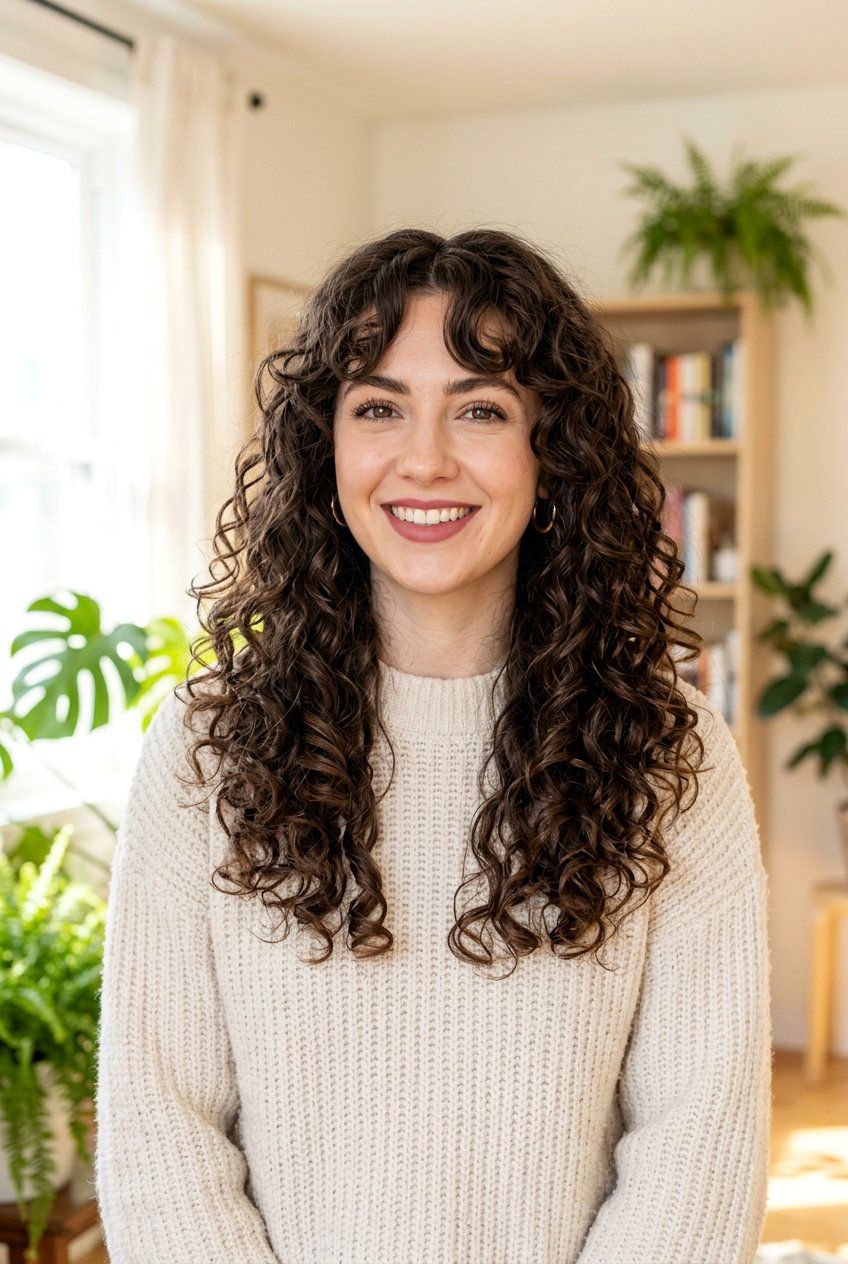 Long Curly Layers With Curtain Fringe - 20 curly fringe haircut women - 20 curly fringe haircut women