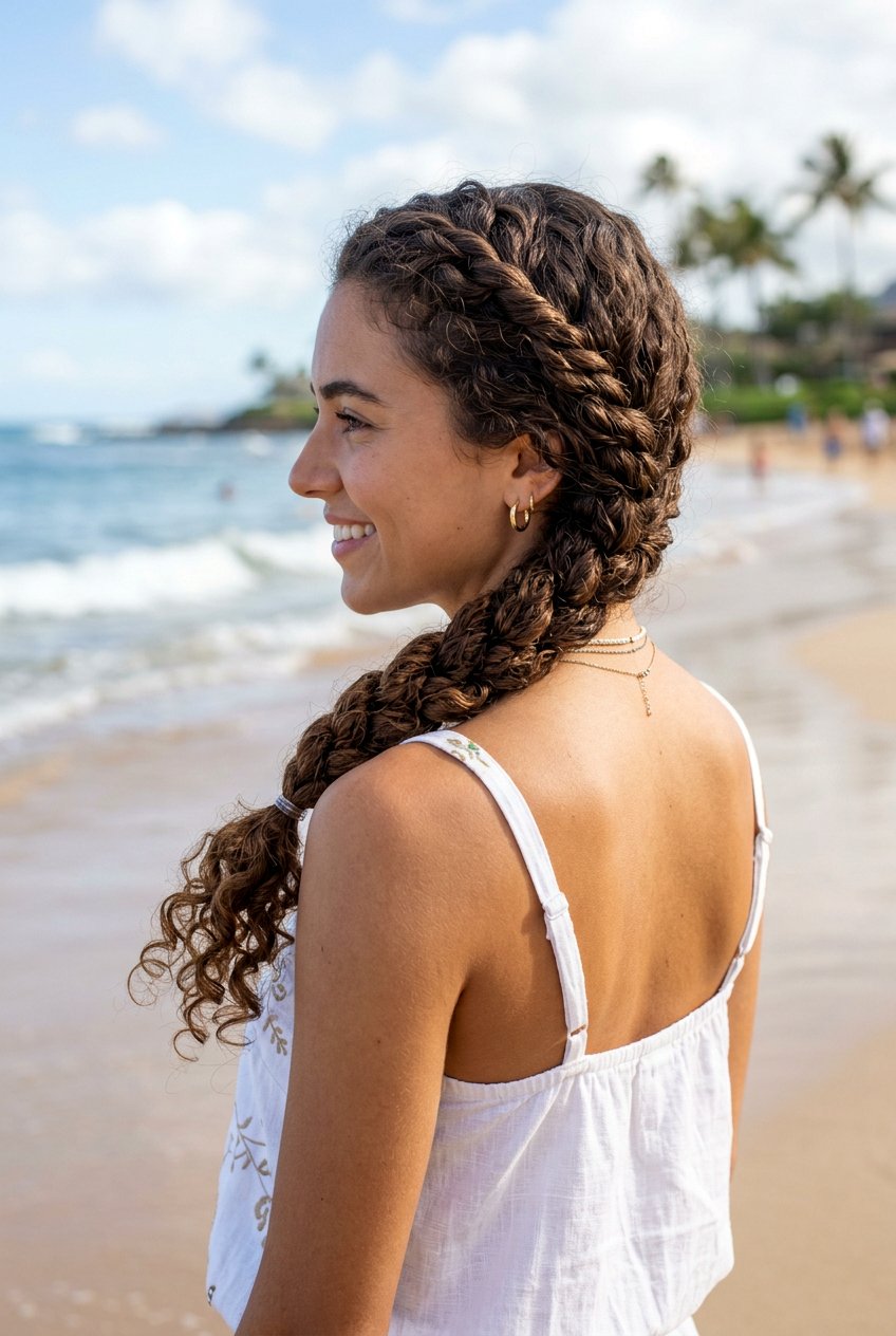 Long Curly Rope Braid - 20 beach hairstyle for long curly hair - 20 beach hairstyle for long curly hair