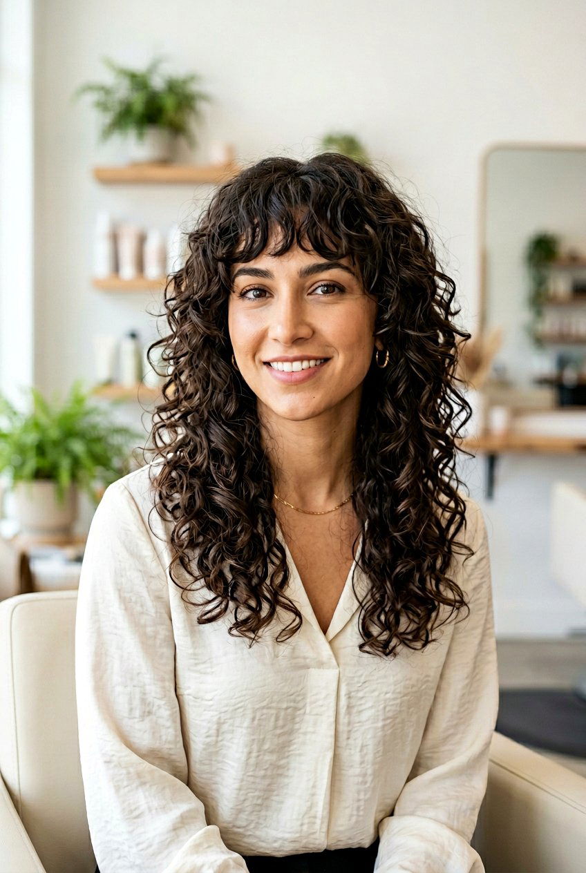 Long Curly Shag With Bottleneck Bangs - 20 long curly shag with bangs - 20 long curly shag with bangs
