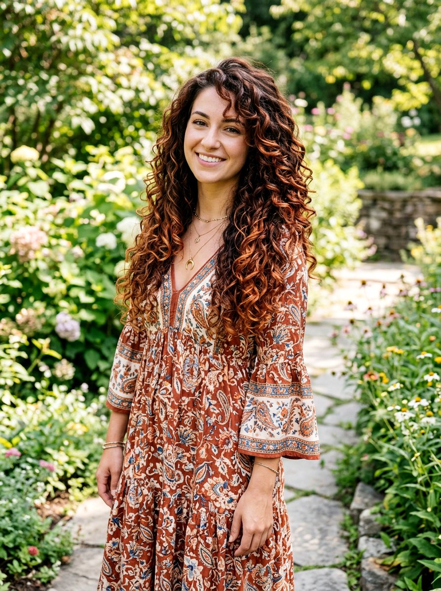 Long Curly Shag With Copper Balayage - 20 copper balayage for curly shag - 20 copper balayage for curly shag