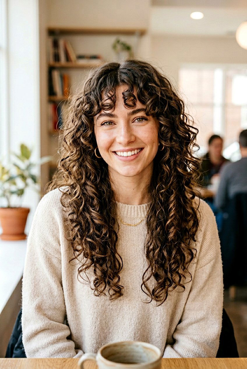 Long Curly Shag With Curly Curtain Bangs - 20 long curly shag with bangs - 20 long curly shag with bangs