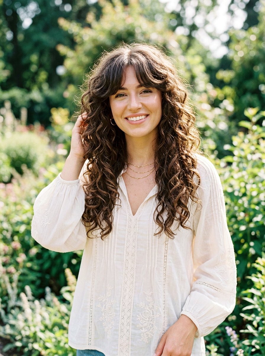 Long Curly Shag With Curtain Bangs - 20 haircut for loose curl pattern women - 20 haircut for loose curl pattern women