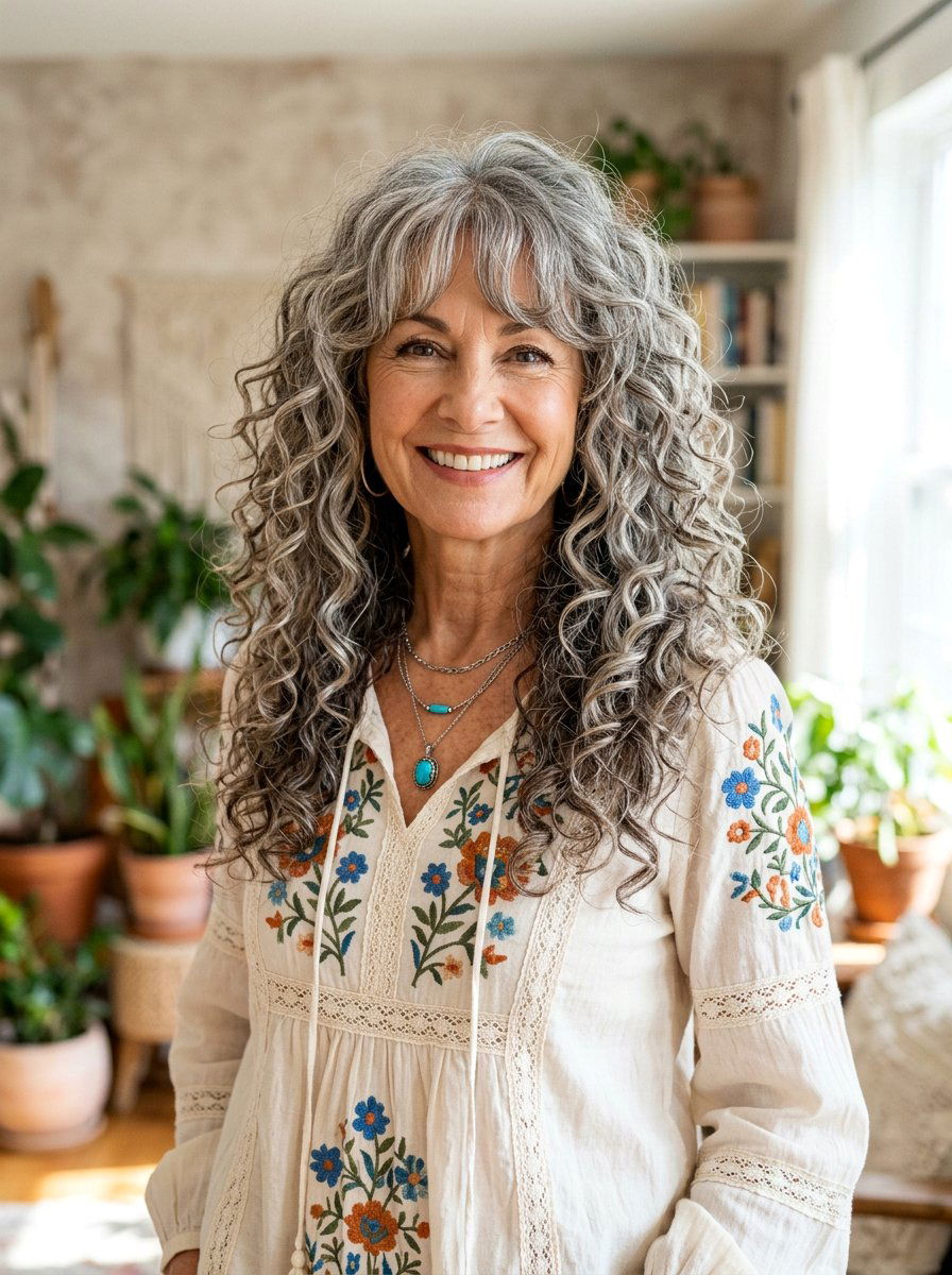 Long Curly Shag With Curtain Bangs - 20 curly shag haircut for women over 60 - 20 curly shag haircut for women over 60