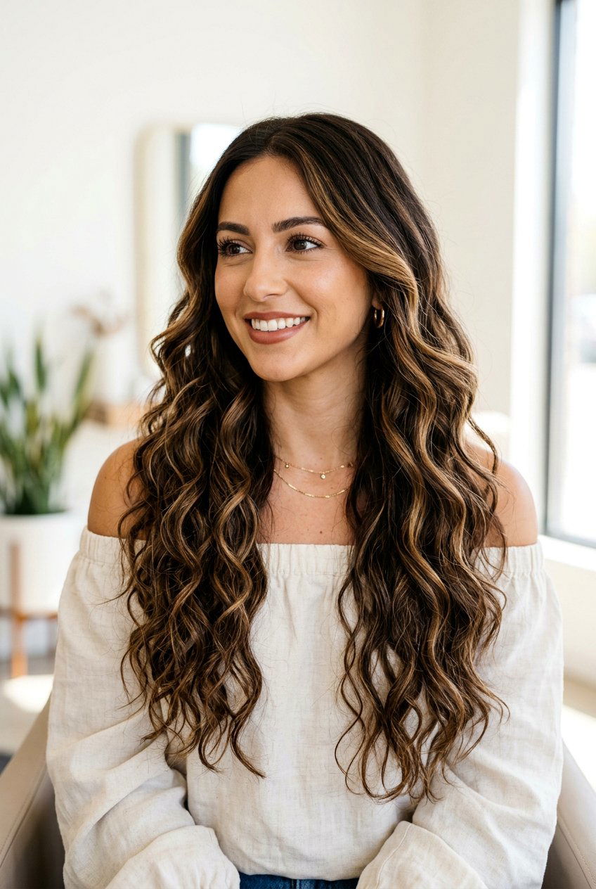 Long Dark Brown Waves With Caramel Ribbon Balayage - 20 caramel ribbons on dark brown hair