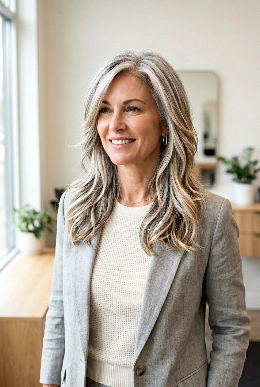 Long Feathered Haircut With Grey And Blonde Color - 20 long haircut with feathered ends - 20 long haircut with feathered ends