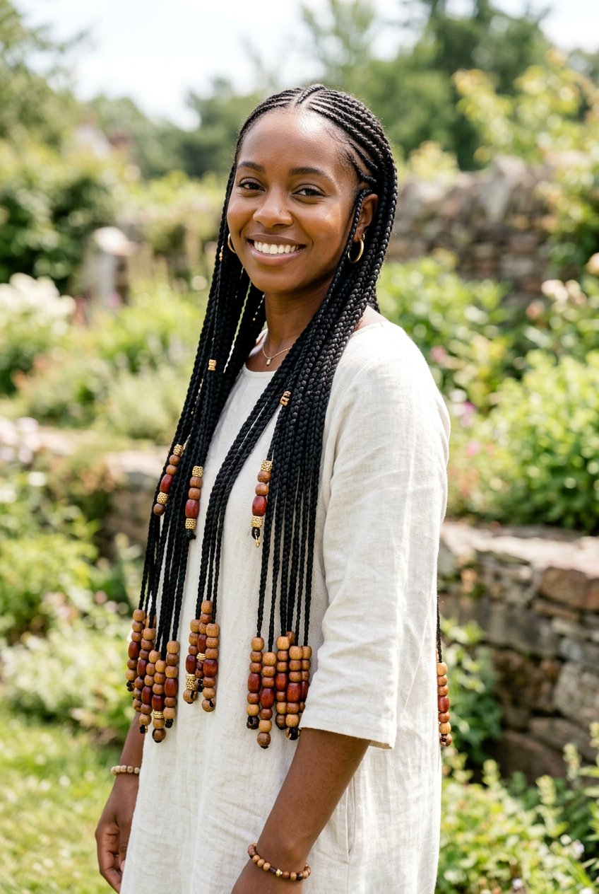 Long Fulani Braids With Wooden Beads - 20 fulani braids with beads - 20 fulani braids with beads