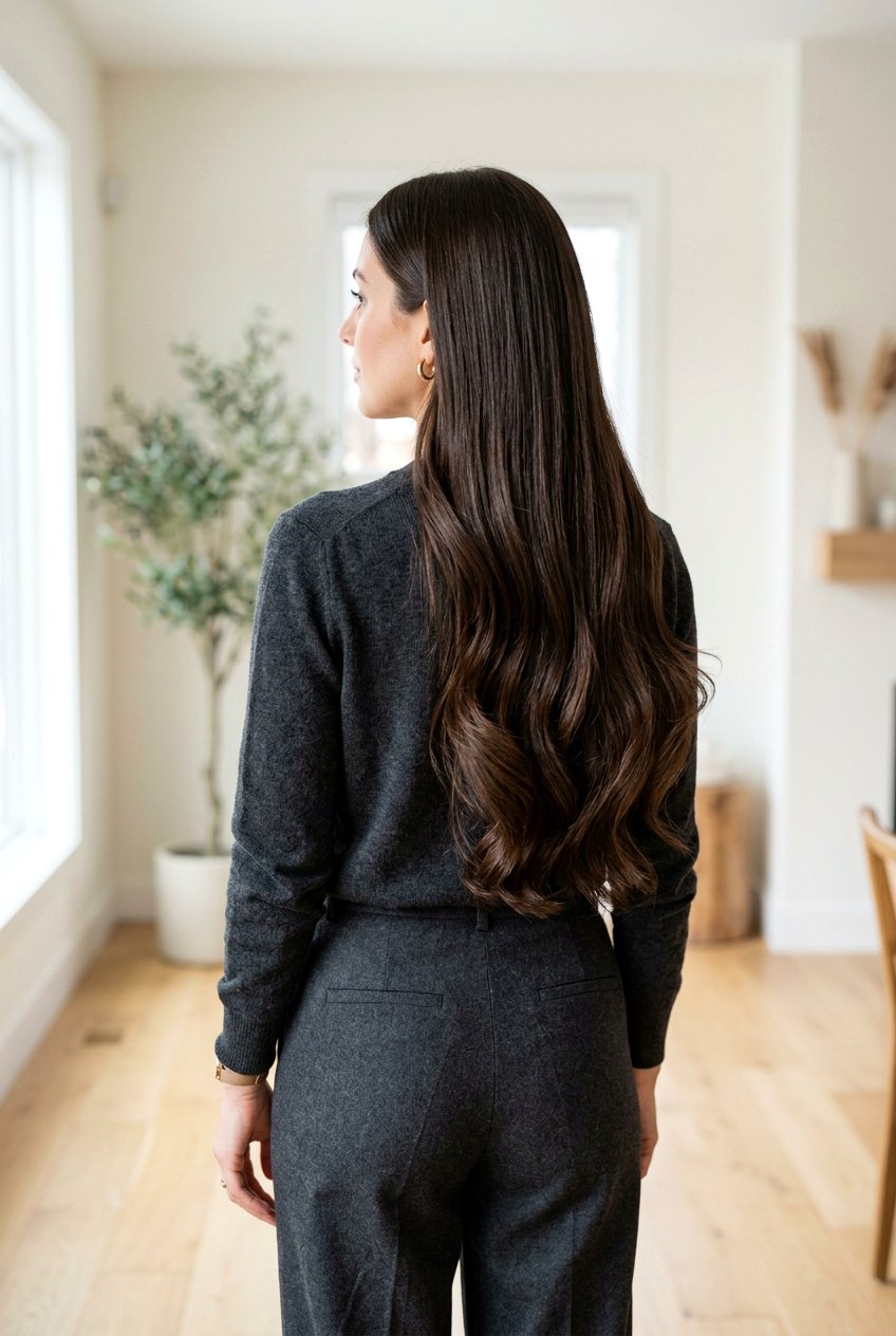 Long Glossy Blowout With Deep Brunette Color - 20 celebrity inspired blowout - 20 celebrity inspired blowout