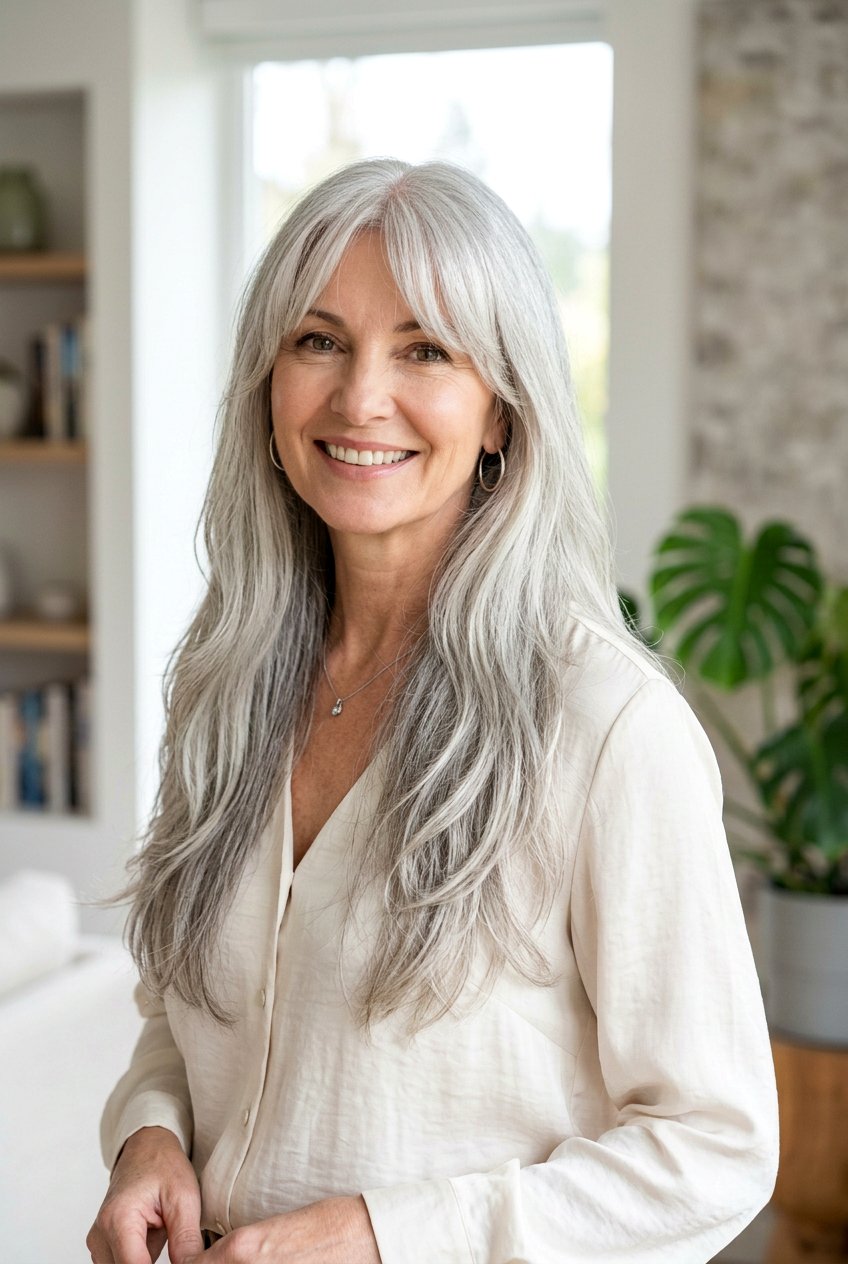 Long Gray Hair With Curtain Bangs - 20 gray hair with curtain bangs - 20 gray hair with curtain bangs