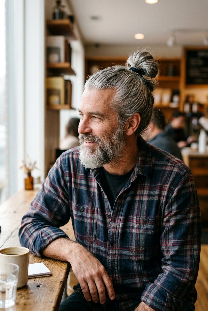 Long Gray Man Bun Haircut - 20 men haircut ideas for gray hair - 20 men haircut ideas for gray hair