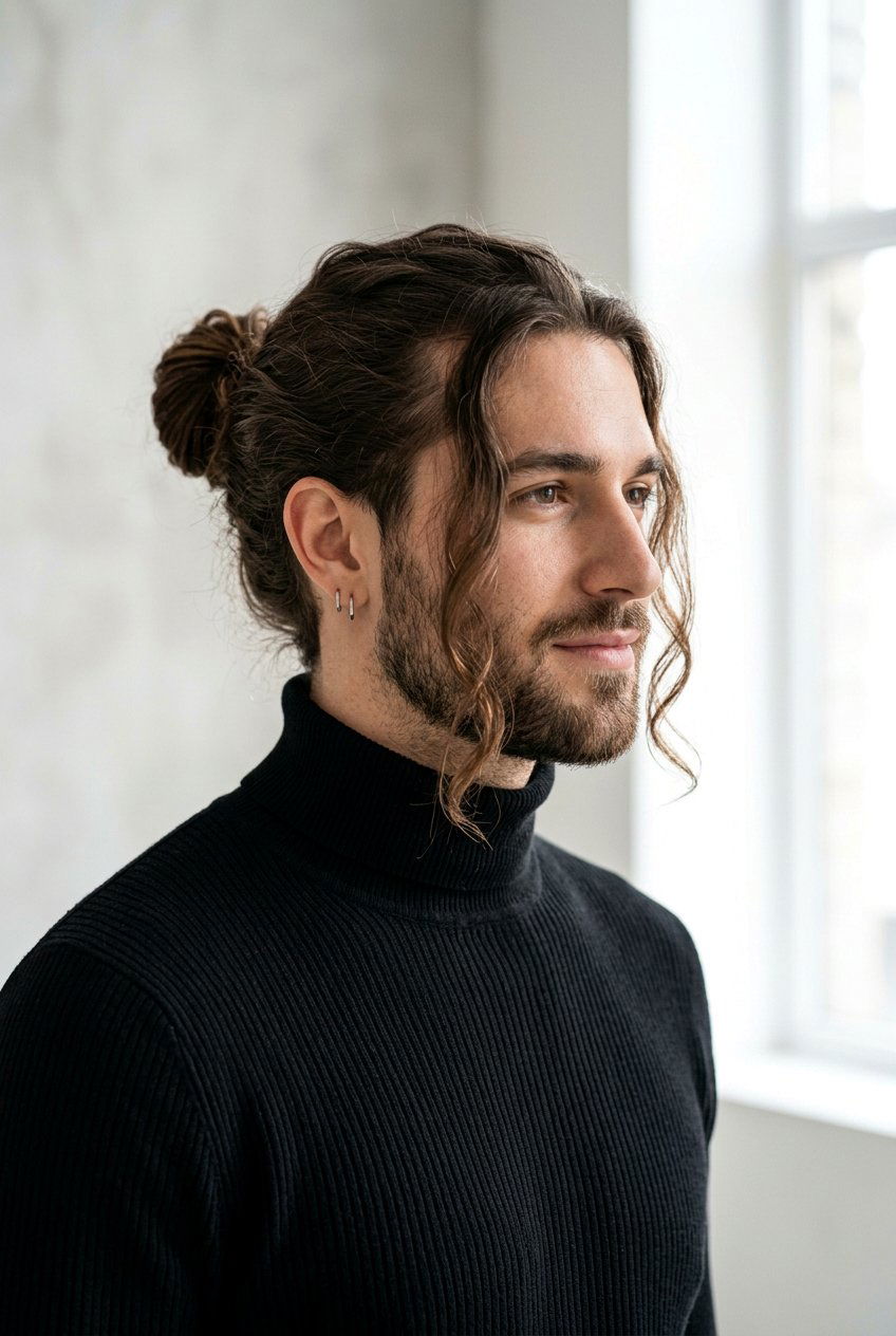 Long Hair Man Bun - 20 mens haircut for longer face shape - 20 men’s haircut for longer face shape