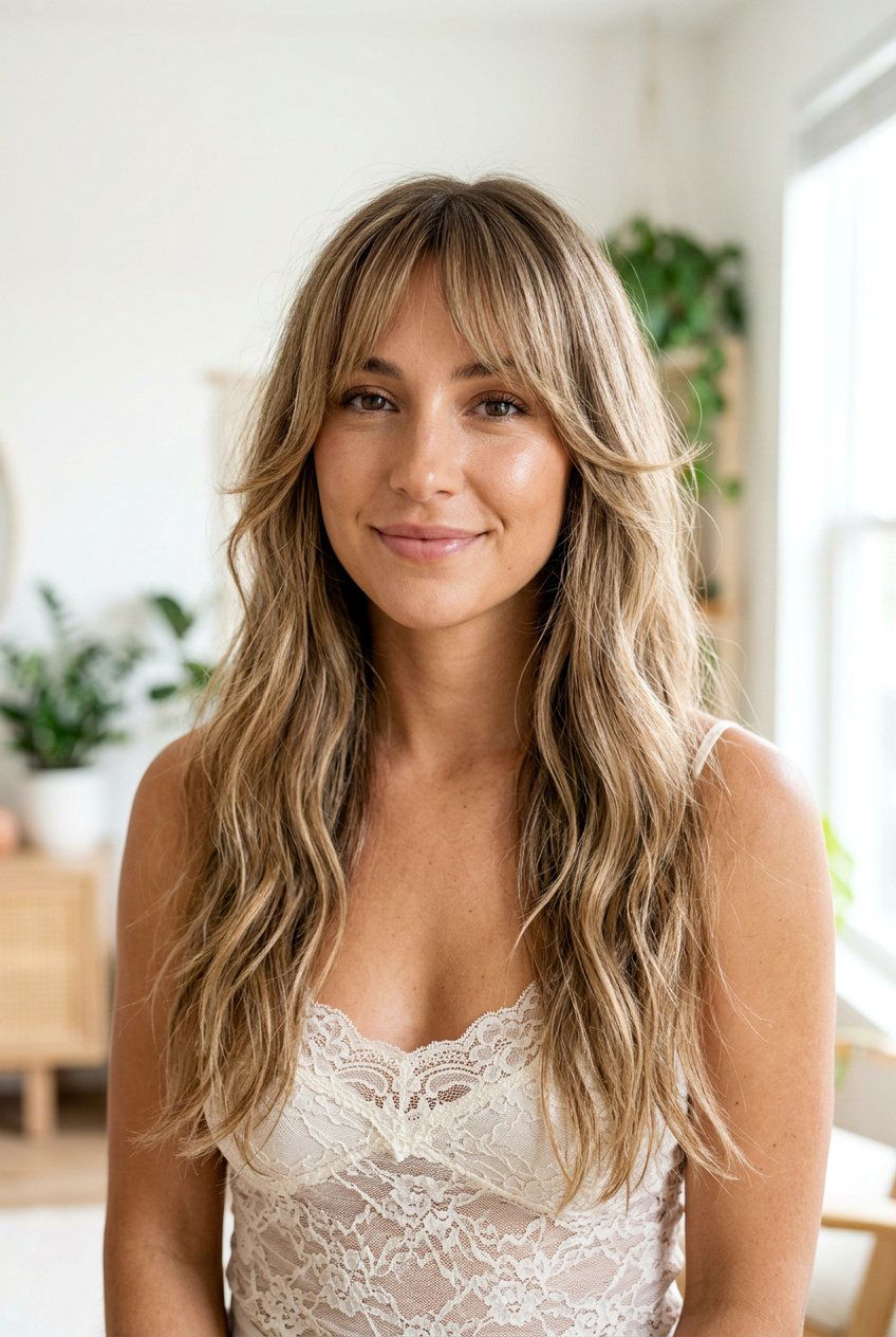 Long Hair With Bottleneck Bangs And Face Framing Layers - 20 long haircut with bottleneck bangs - 20 long haircut with bottleneck bangs