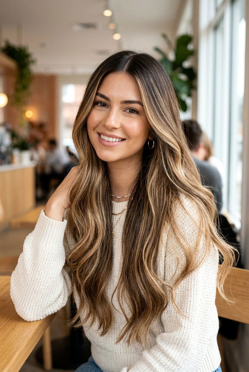 Long Hair With Middle Part Balayage Layers - 20 long haircut with center part - 20 long haircut with center part