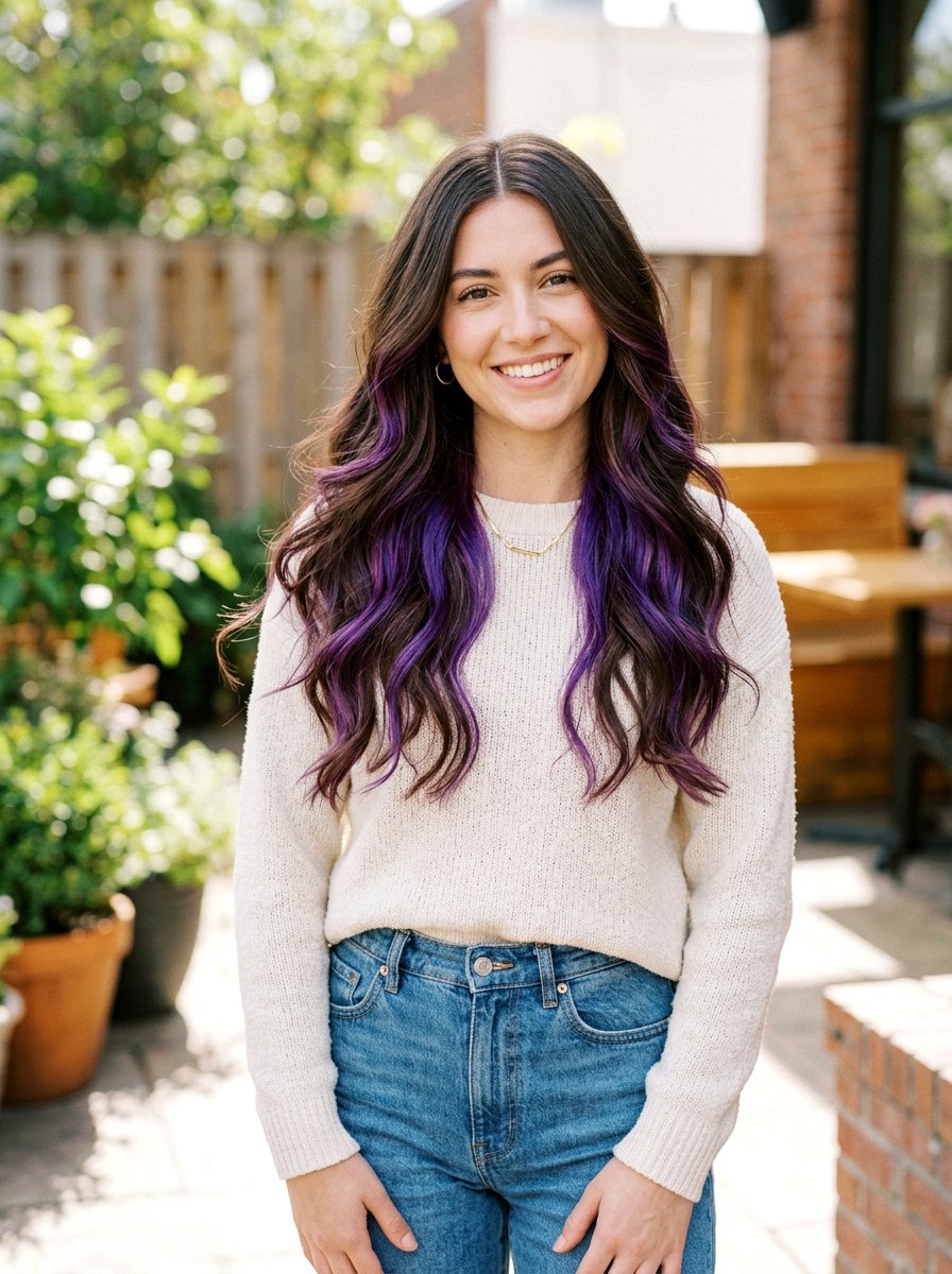 Long Hair With Violet Peekaboo Underneath - 20 violet peekaboo highlights - 20 violet peekaboo highlights