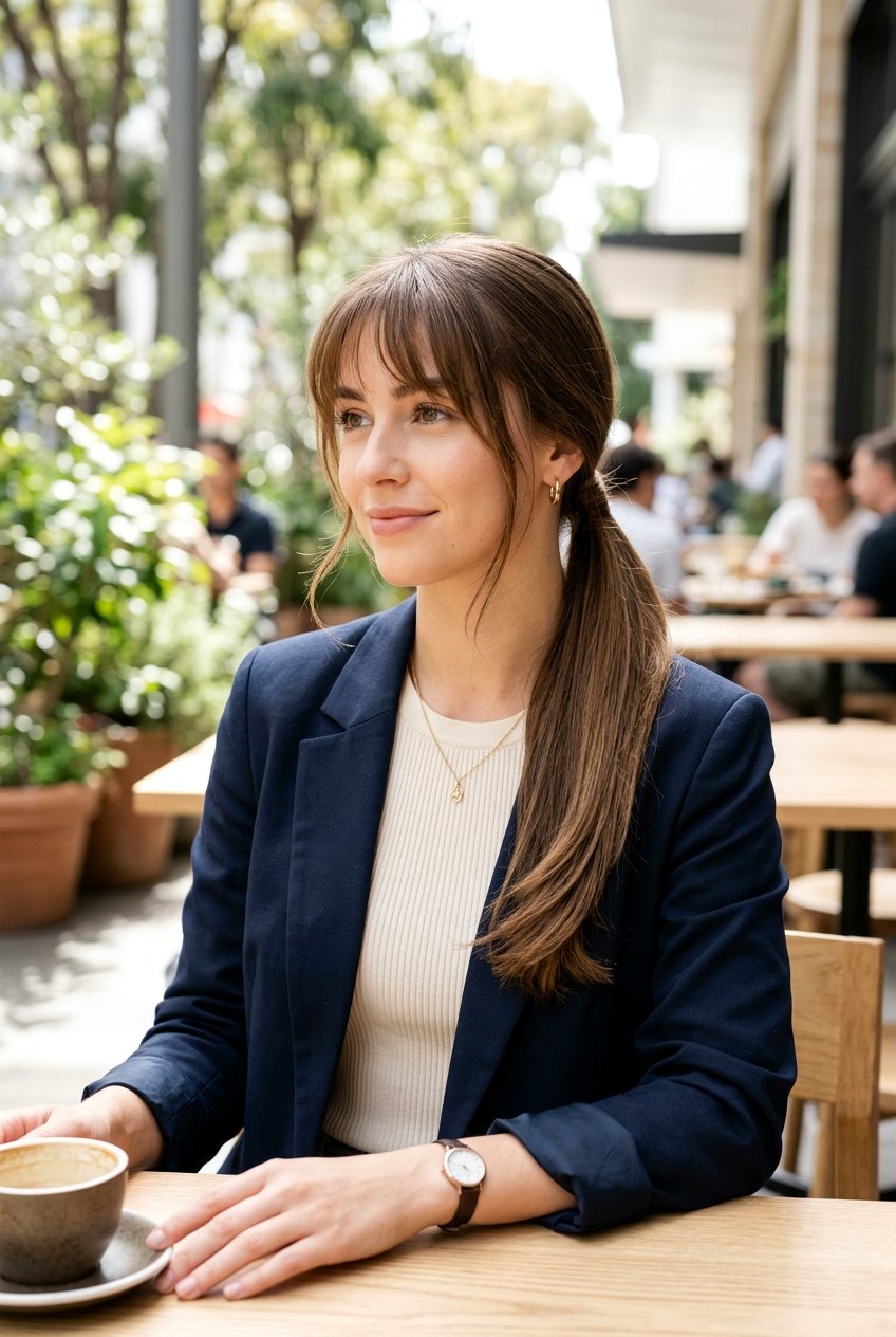 Long Hair With Wispy Bangs And Low Ponytail - 20 long hair with wispy bangs - 20 long hair with wispy bangs