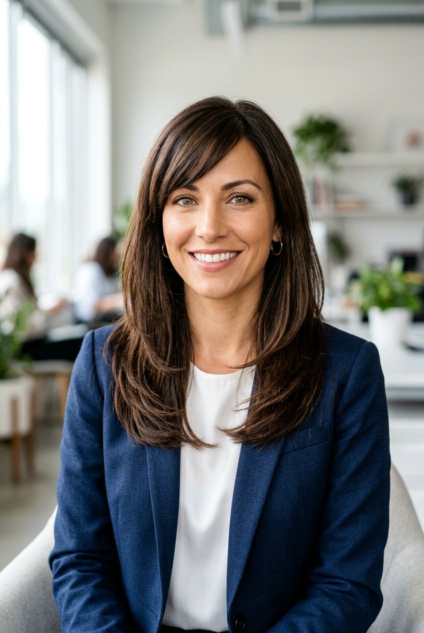 Long Haircut with Side Swept Bangs - 20 long layers for round face women - 20 long layers for round face women