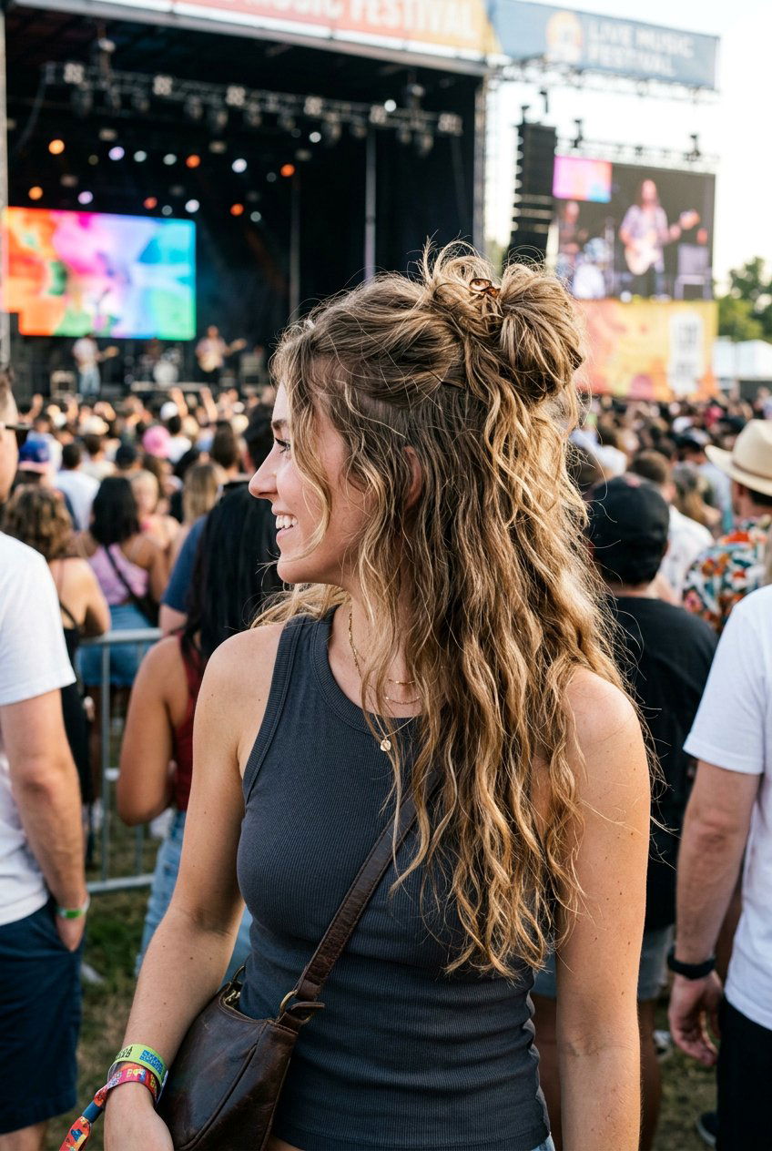 Long Half Up Messy Bun For Concerts - 20 concert hairstyles for long hair - 20 concert hairstyles for long hair