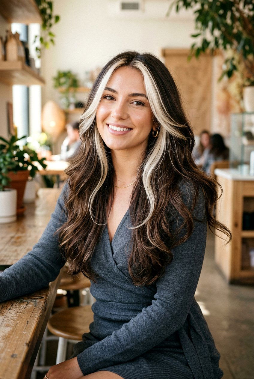 Long Layered Brunette With Platinum Money Piece Highlights - 20 brunette hair with platinum money piece - 20 brunette hair with platinum money piece