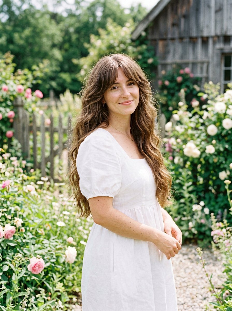 Long Layered Cottagecore Haircut With Curtain Bangs - 20 cottagecore haircut ideas - 20 cottagecore haircut ideas