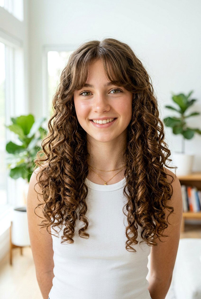 Long Layered Curls With Curtain Bangs - 20 curly haircut for teenage girls with bangs - 20 curly haircut for teenage girls with bangs