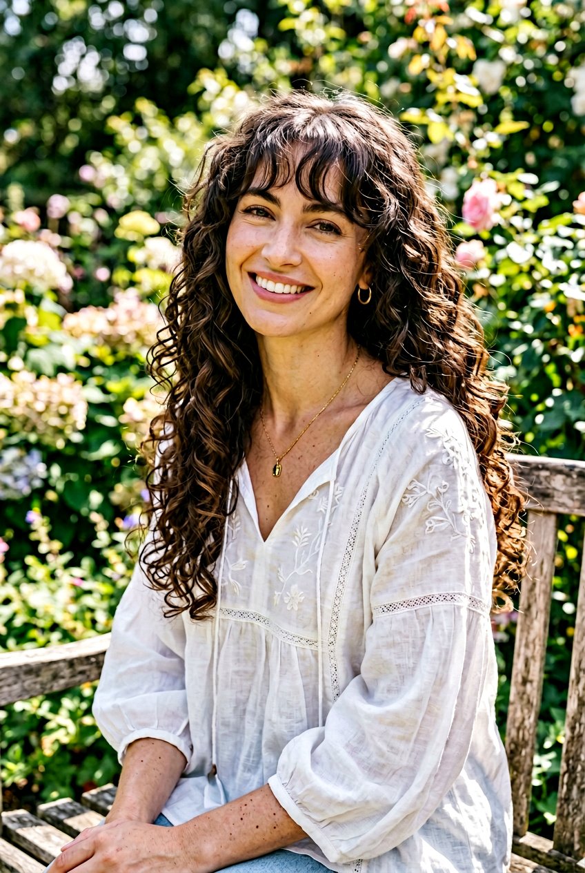 Long Layered Curls With Summer Fringe - 20 summer hairstyles for curly hair - 20 summer hairstyles for curly hair