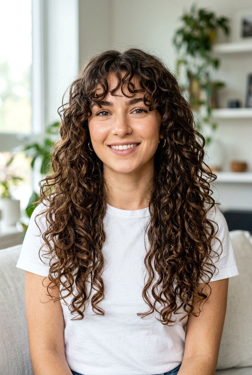 Long Layered Curly Hair With Curtain Bangs - 20 curly layers for long hair women - 20 curly layers for long hair women