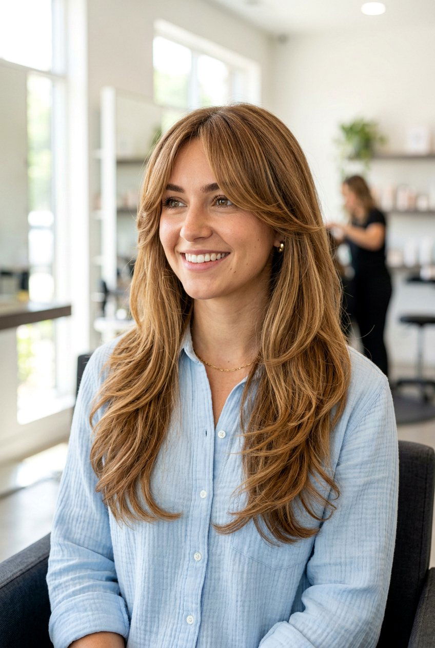 Long Layered Cut With Curtain Bangs - 20 polished layered haircut for work - 20 polished layered haircut for work