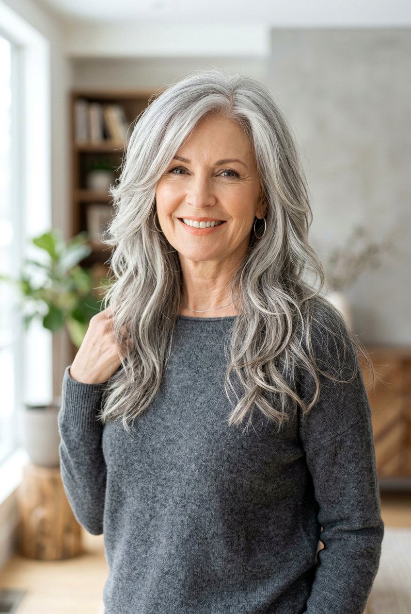 Long Layered Gray Shag - 20 gray shag haircut for women over 60 - 20 gray shag haircut for women over 60