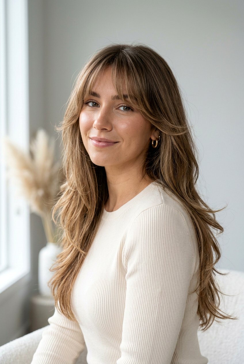 Long Layered Hair With Wispy Bottleneck Bangs - 20 bottleneck bangs for long hair - 20 bottleneck bangs for long hair