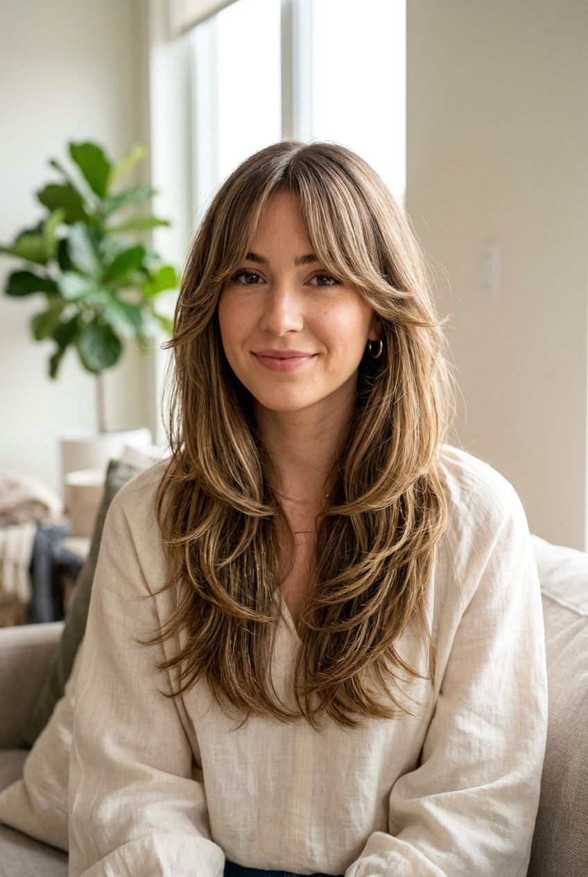 Long Layered Hair with Curtain Bangs - 20 long layers for round face women - 20 long layers for round face women