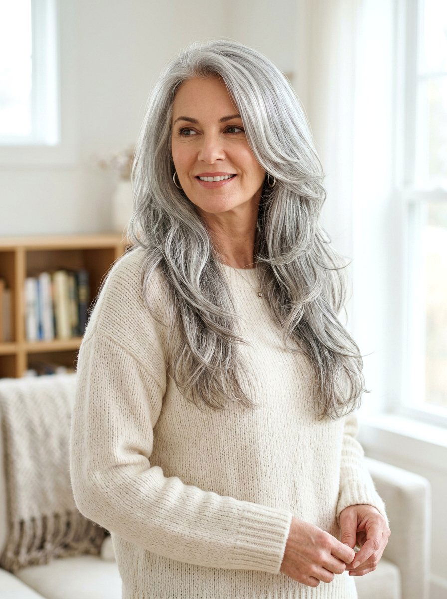 Long Layered Haircut - 20 polished haircut for naturally gray hair - 20 polished haircut for naturally gray hair
