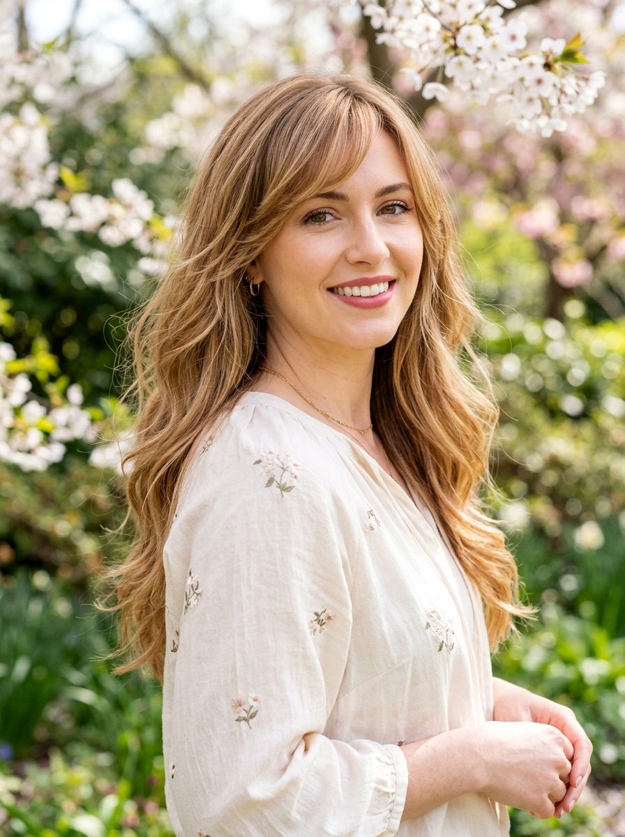 Long Layered Haircut With Side Bangs - 20 flattering haircut for diamond face women - 20 flattering haircut for diamond face women