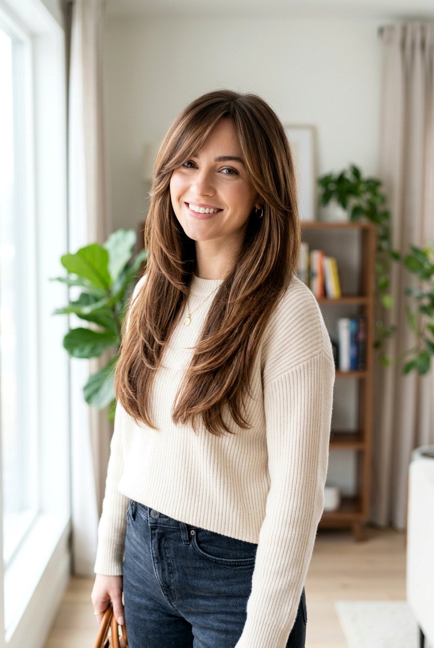 Long Layered Haircut With Side Bangs - 20 long layers for square face women - 20 long layers for square face women