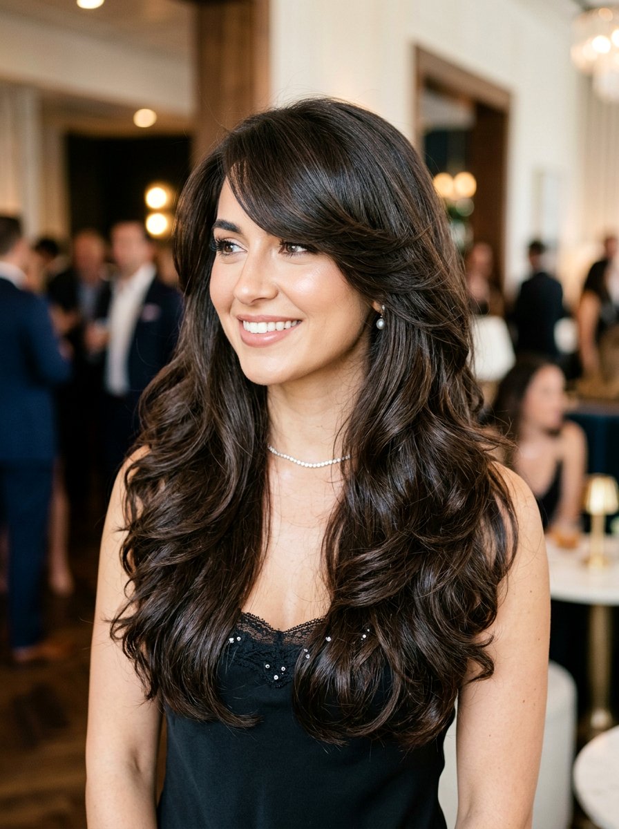 Long Layered Haircut With Side Swept Bangs Blowout - 20 layered long haircut with blowout - 20 layered long haircut with blowout