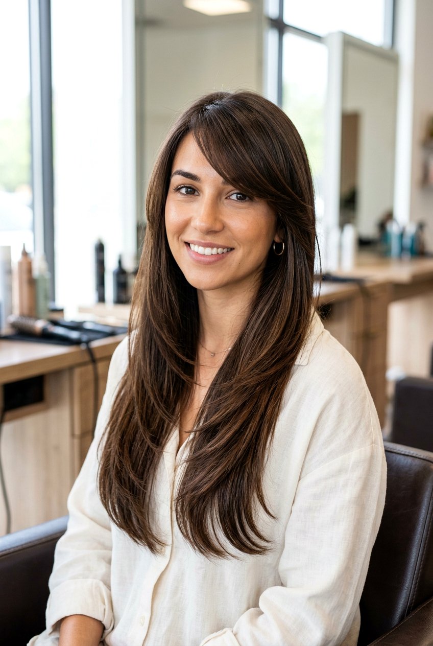 Long Layered Haircut With Side Swept Bangs For Thick Straight Hair - 20 layered haircut for long thick straight hair - 20 layered haircut for long thick straight hair