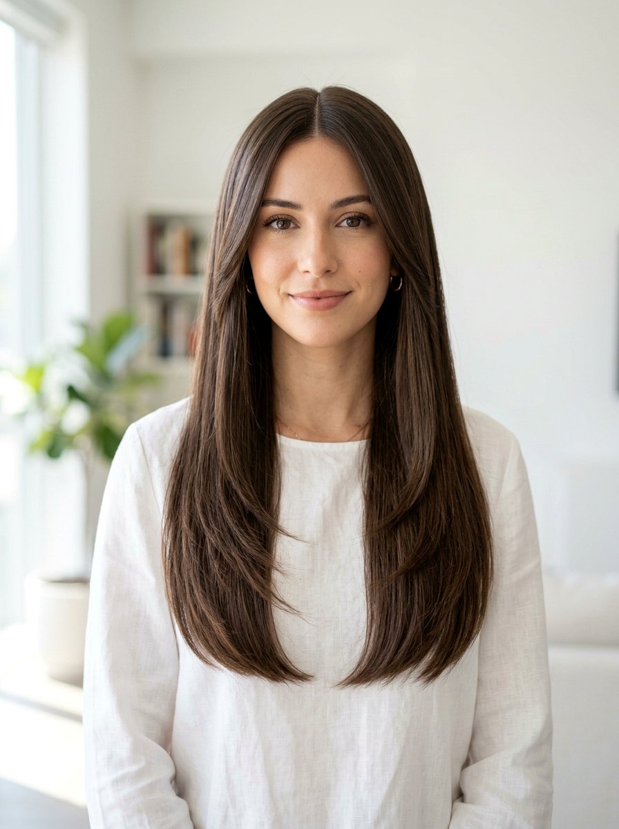 Long Layered Pin Straight Haircut With Center Part - 20 pin straight haircut with center part - 20 pin straight haircut with center part