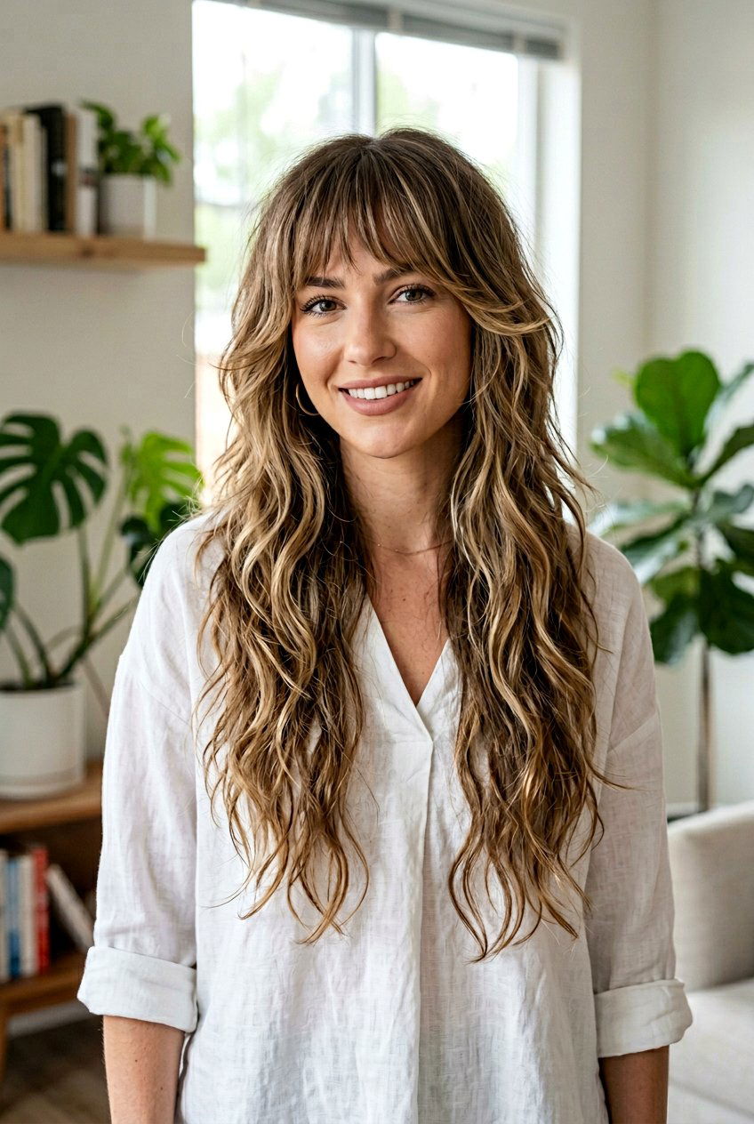 Long Layered Shag With Bottleneck Fringe - 20 shag haircut with bottleneck bangs - 20 shag haircut with bottleneck bangs