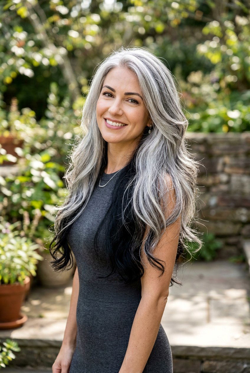 Long Layered Silver with Midnight Lowlights - 20 salt and pepper blend with lowlights - 20 salt and pepper blend with lowlights