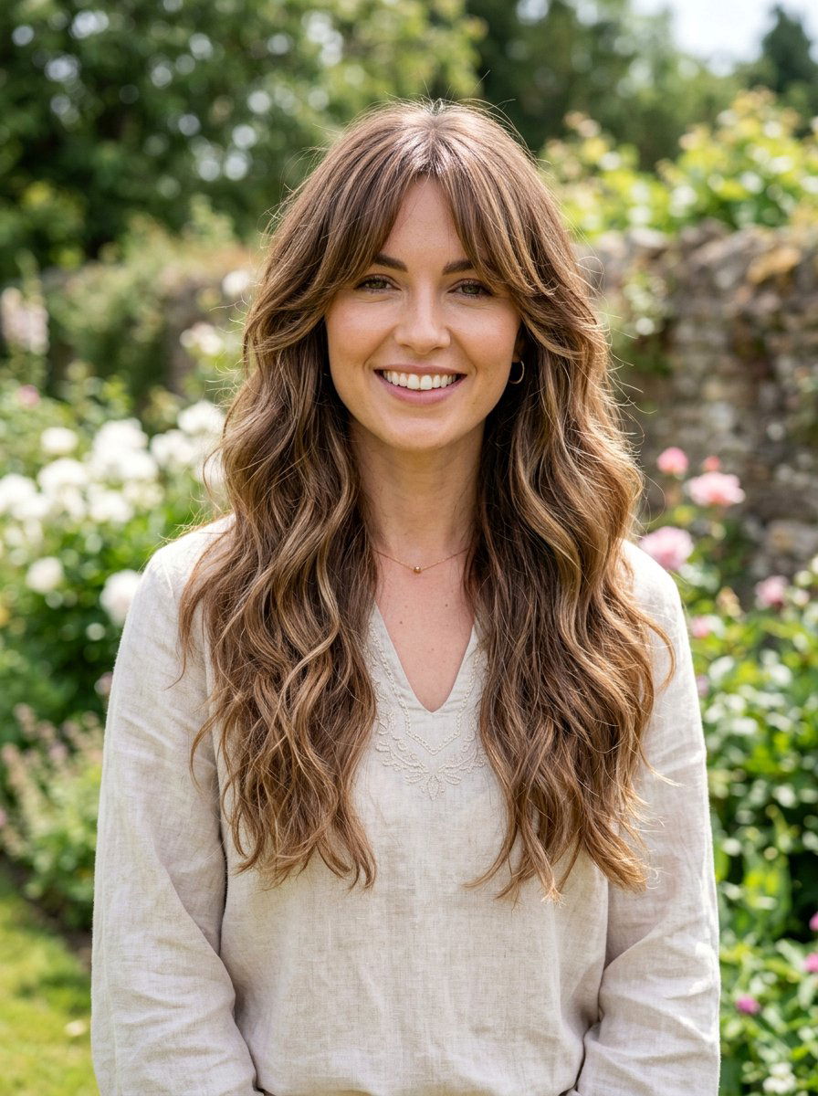 Long Layered Waves With Curtain Bangs - 20 hairstyle to add softness to angular face - 20 hairstyle to add softness to angular face