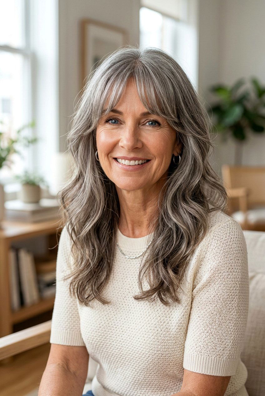 Long Layers With Curtain Bangs - 20 rejuvenating hairstyles for women over 50 - 20 rejuvenating hairstyles for women over 50