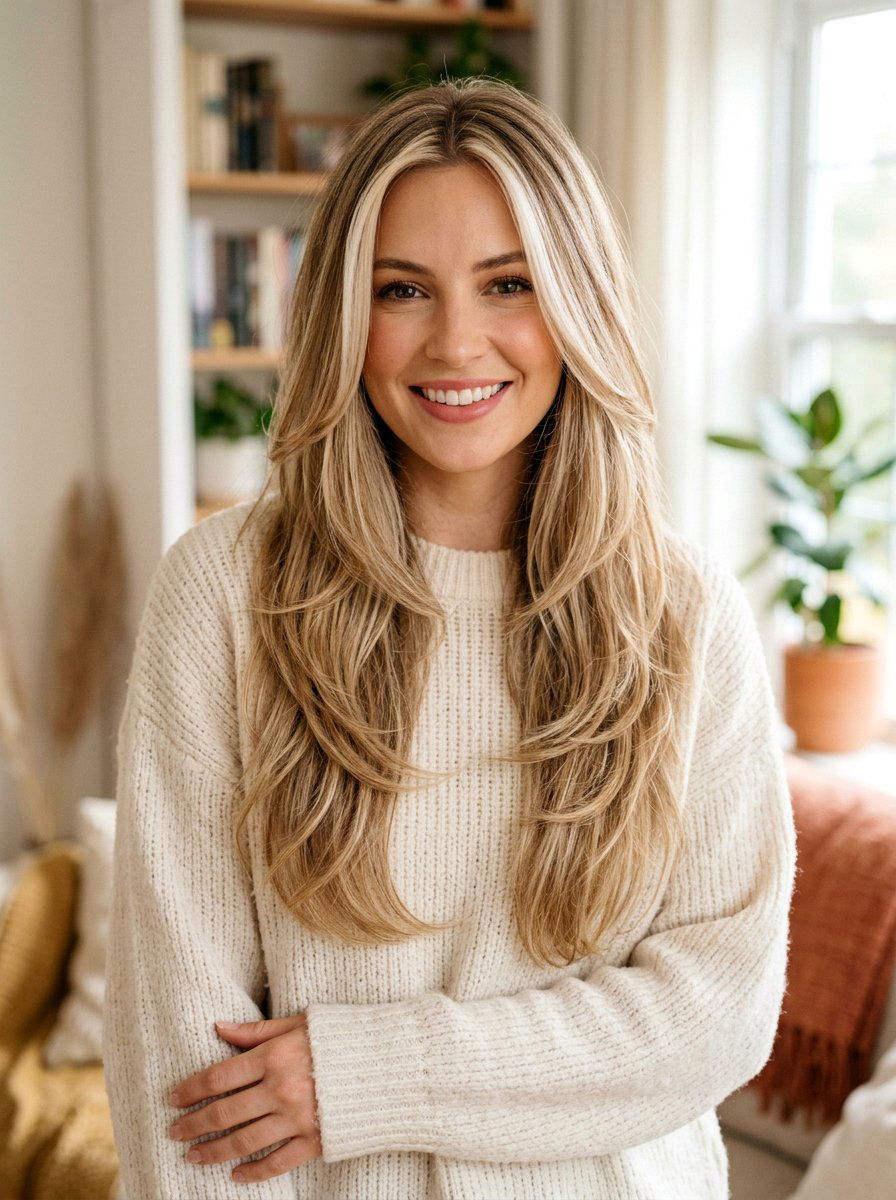 Long Layers With Face Framing Highlights - 20 hairstyle to balance broad shoulders women - 20 hairstyle to balance broad shoulders women