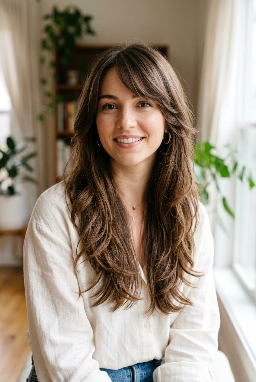 Long Layers with Side Swept Bangs - 20 long layers for heart shaped face women - 20 long layers for heart shaped face women