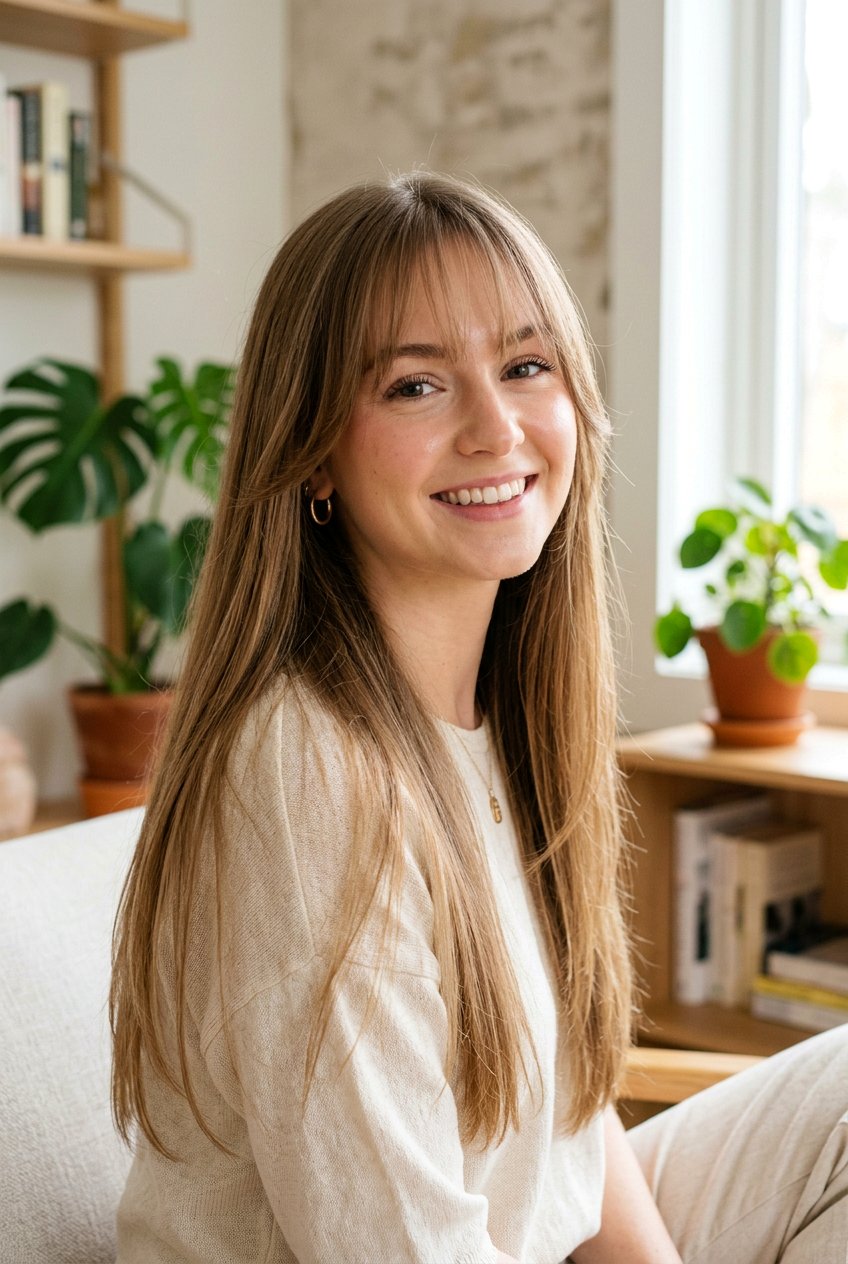 Long Layers with Wispy Fringe - 20 haircuts for big forehead - 20 haircuts for big forehead