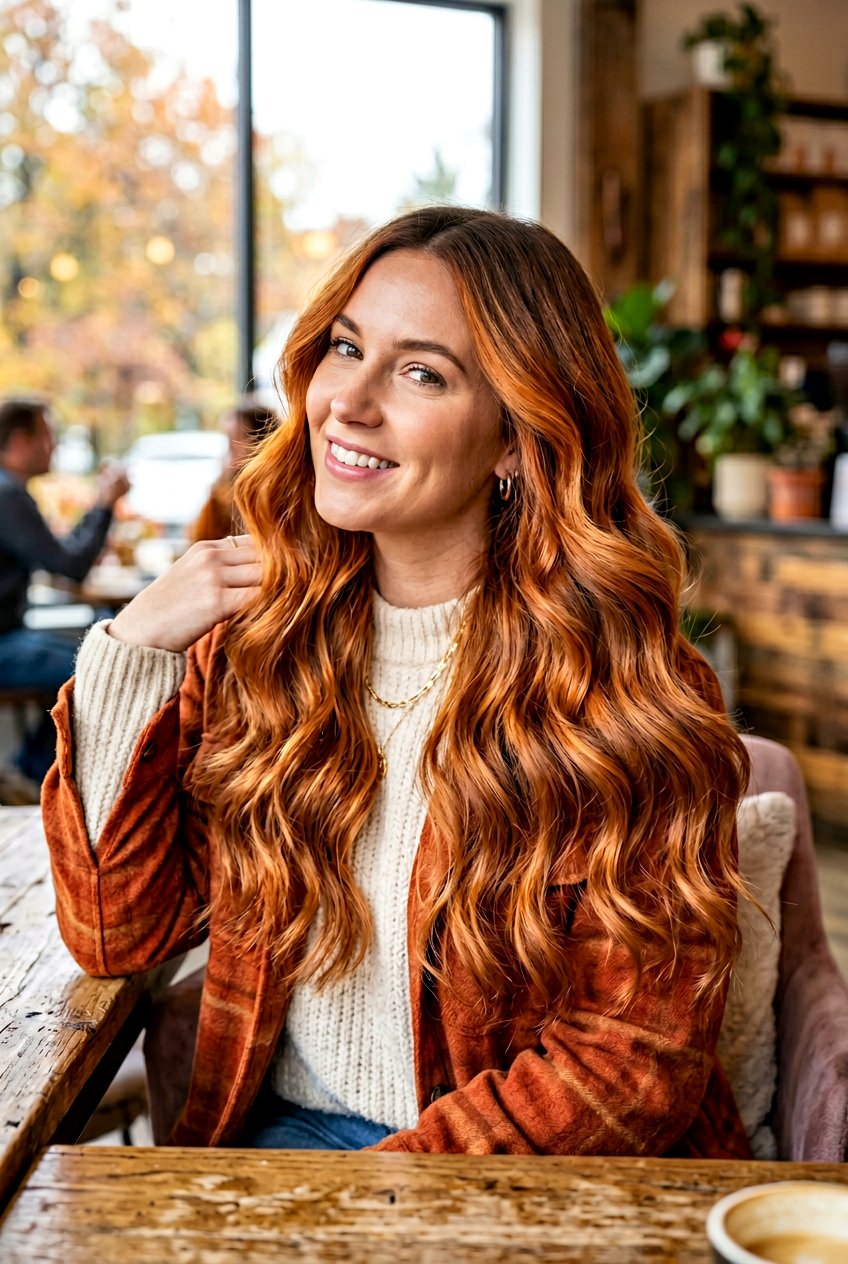 Long Pumpkin Copper Balayage With Soft Waves - 20 pumpkin copper balayage - 20 pumpkin copper balayage