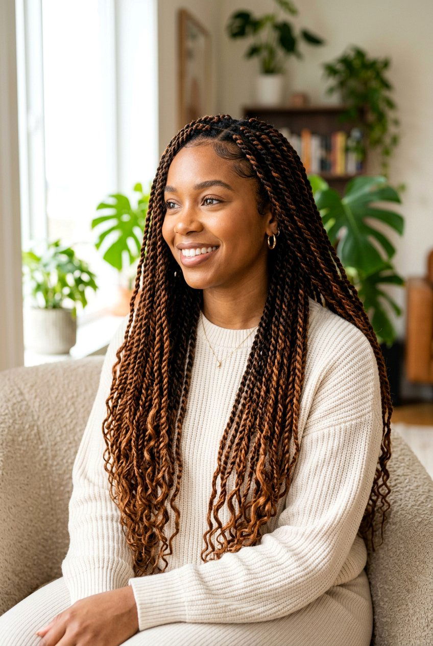 Long Senegalese Twists with Auburn Highlights - 20 protective styles for long natural hair - 20 protective styles for long natural hair