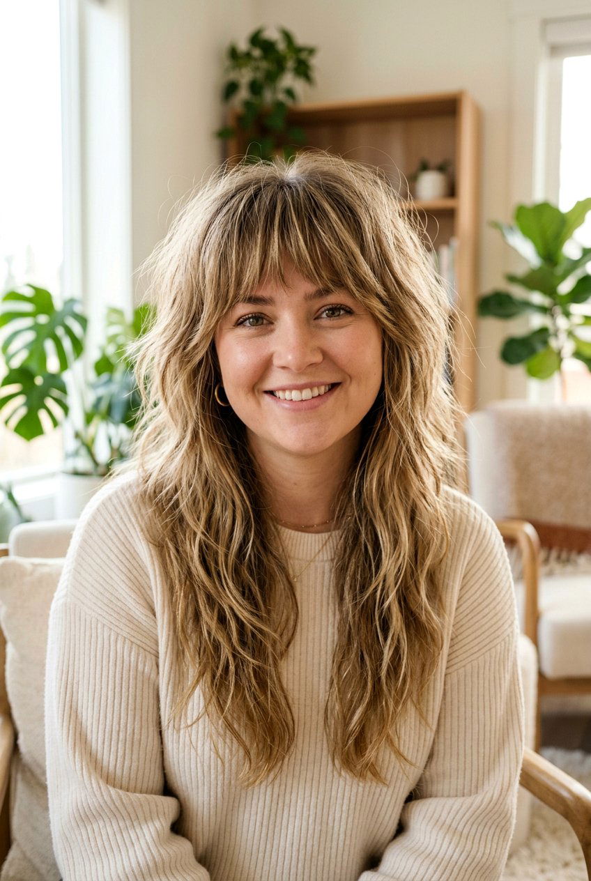 Long Shag With Bangs - 20 hairstyles for chubby faces - 20 hairstyles for chubby faces