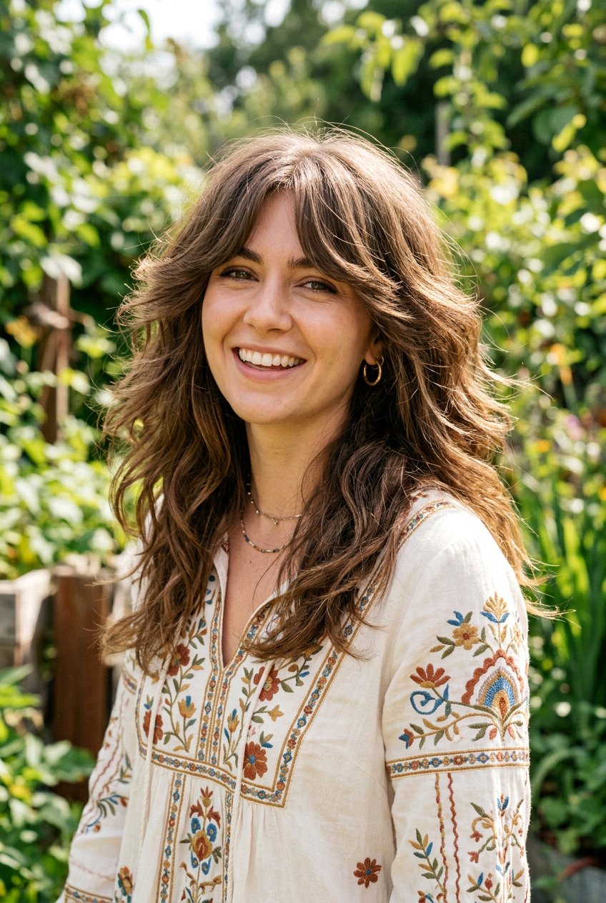 Long Shag With Curtain Bangs - 20 wash and wear haircut for moms - 20 wash and wear haircut for moms