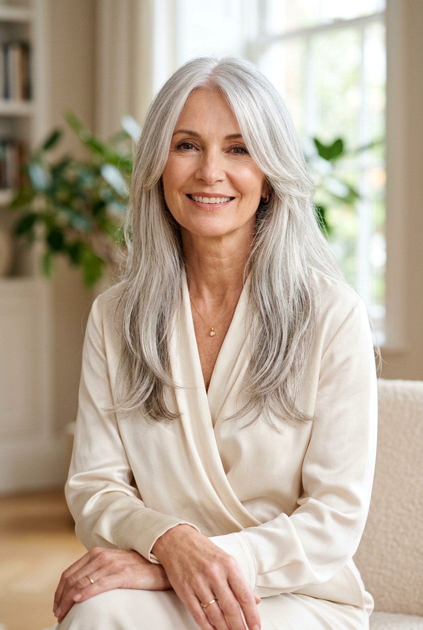 Long Silver Hair With Soft Face Framing Layers - 20 gray hair with face framing layers - 20 gray hair with face framing layers