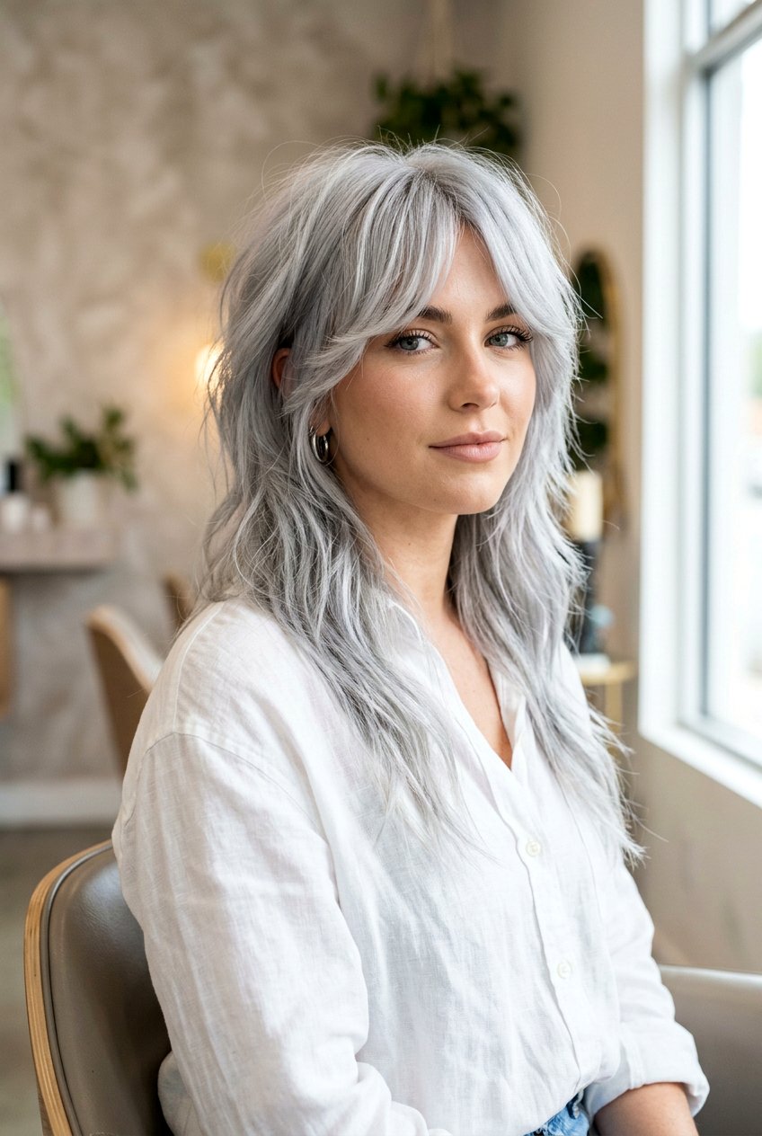 Long Silver Wolf Cut - 20 gray wolf cut for women - 20 gray wolf cut for women