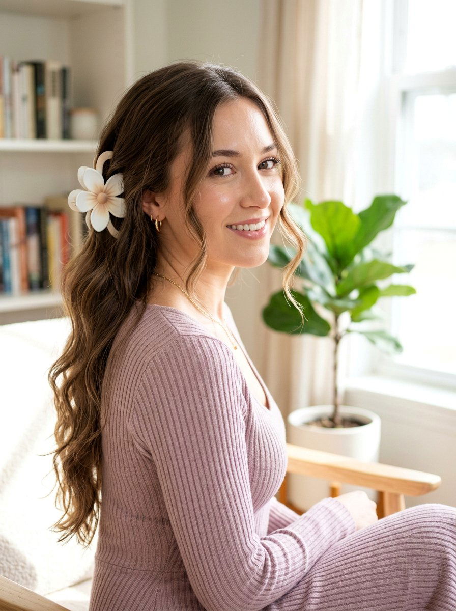 Long Soft Waves With Large Flower Claw Clip - 20 soft waves with flower clips - 20 soft waves with flower clips