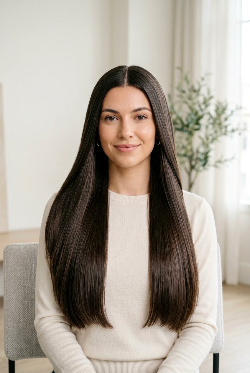 Long Straight Hair with Center Part - 20 hairstyles for widows peak women - 20 hairstyles for widows peak women